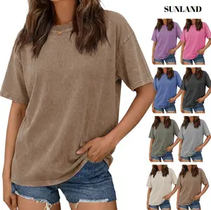 Sunland Oversized Womens Vintage Acid washed T-shirt Chew Neck Short Sleeves Summer Top Casual Loose FIt Solid Streetwear Tees Basic Womenswear Women's shirts Good Vibes