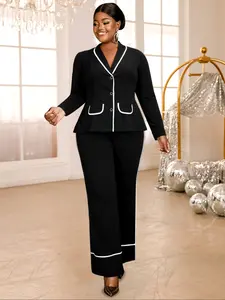 Elegant Plus Size Women's Block Fitted Blazer Jacket Long Sleeves & Wide Leg High Waist Pants Set, Chic Commuter Two-Piece Outfit