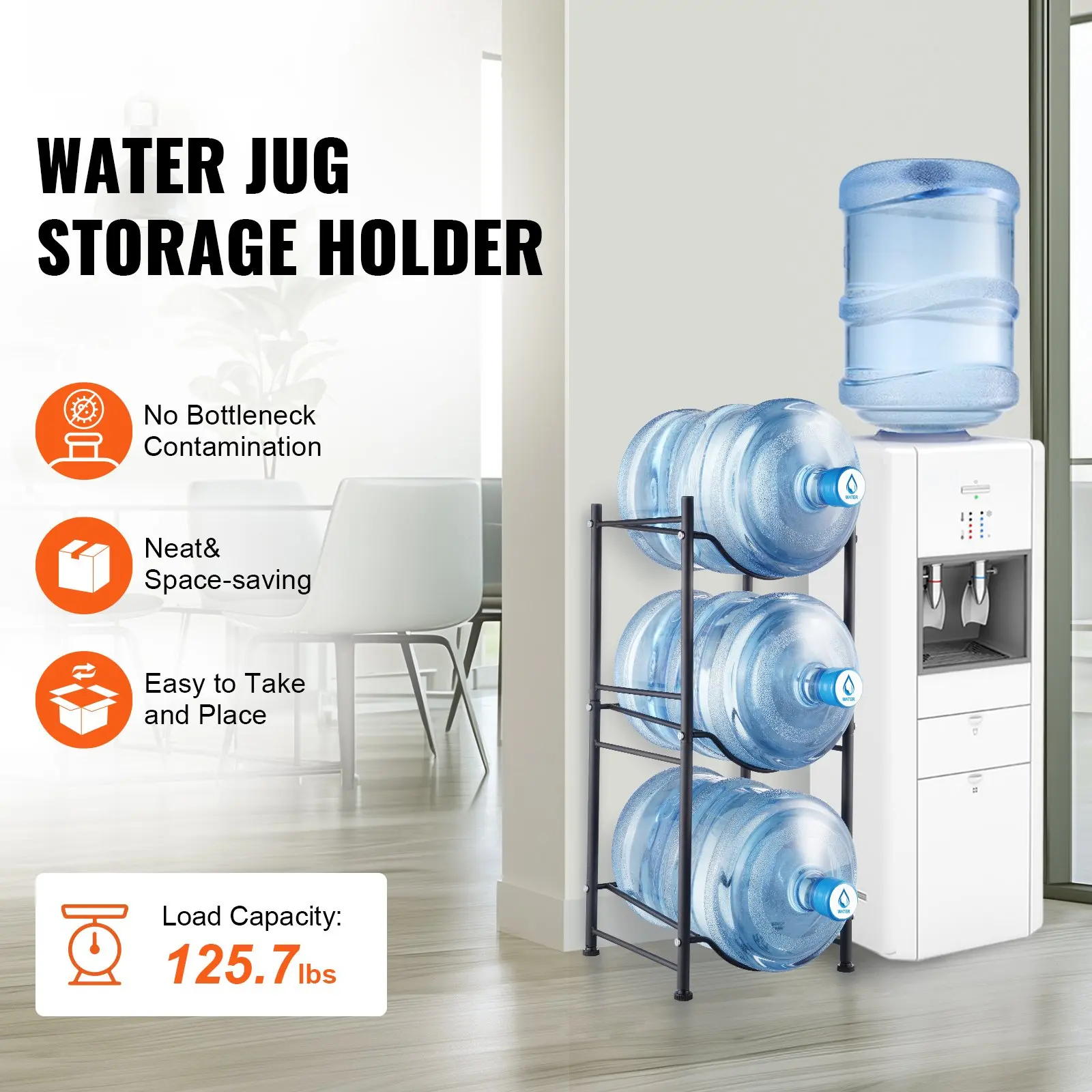 Black 3-Tier Heavy Duty Metal Tube Water Jug Holder - Non-Foldable Divided Organizer Rack, Narrow Frame Neat & Space-Saving Free Standing Storage for 3/5 Gal Containers, Kitchen Pantry Home Organizer, Bottle Holder Racks & Displays
