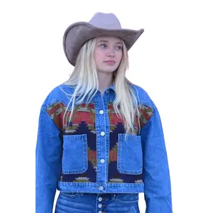 Denim Aztec Jacket - Oversized Coat with Patchwork Design, Front Button Closure, and Chest Pockets, Ideal for Women's Outfit