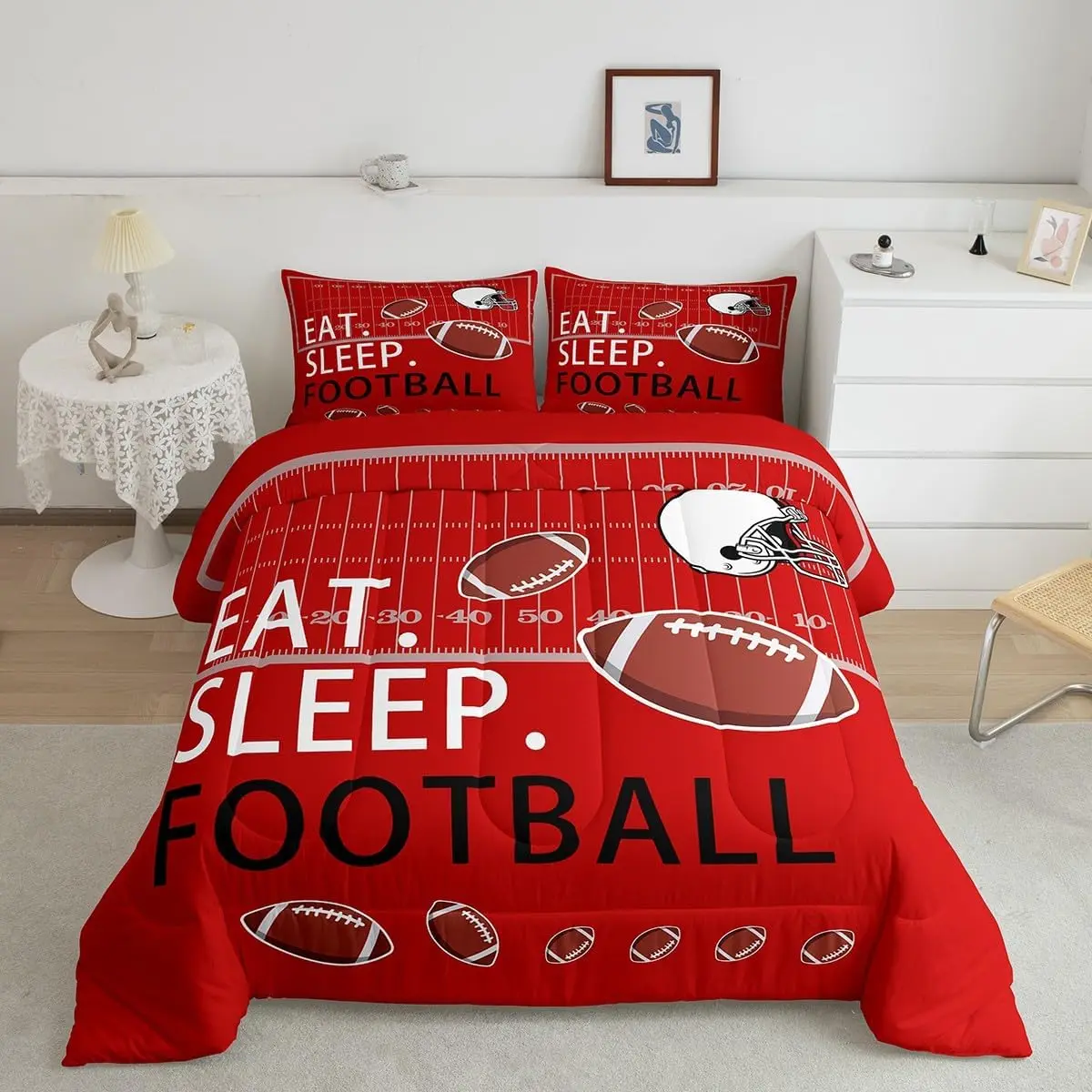 Football Bedding Set for Boys Girls Teens,Red Comforter Set,Bedroom Decor Sports Theme Comforter,Women Men Gift for Football Lover Quilt Set, Football Themed Blanket, For Football Lovers
