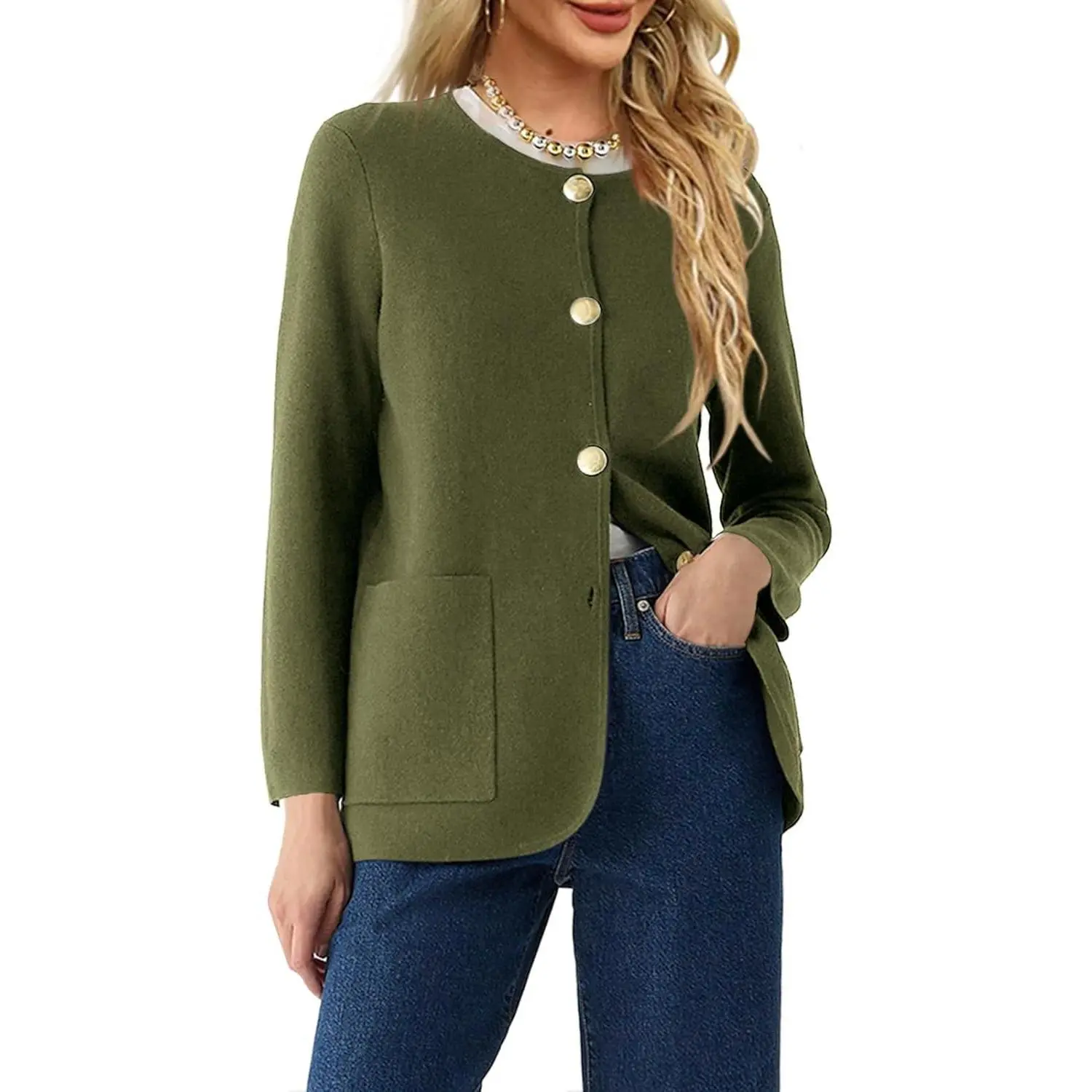Lannew Womens Crew Neck Button Down Cardigan Sweaters Blazer Casual Long Sleeve Knit Solid Sweater with Pockets