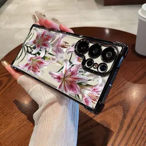 Compatible with S25 Ultra/S24/S23/S22 Phone Case Pink Lily Flower Pattern Electroplating luxury transparent four corner anti drop and shockproof phone case  NH1