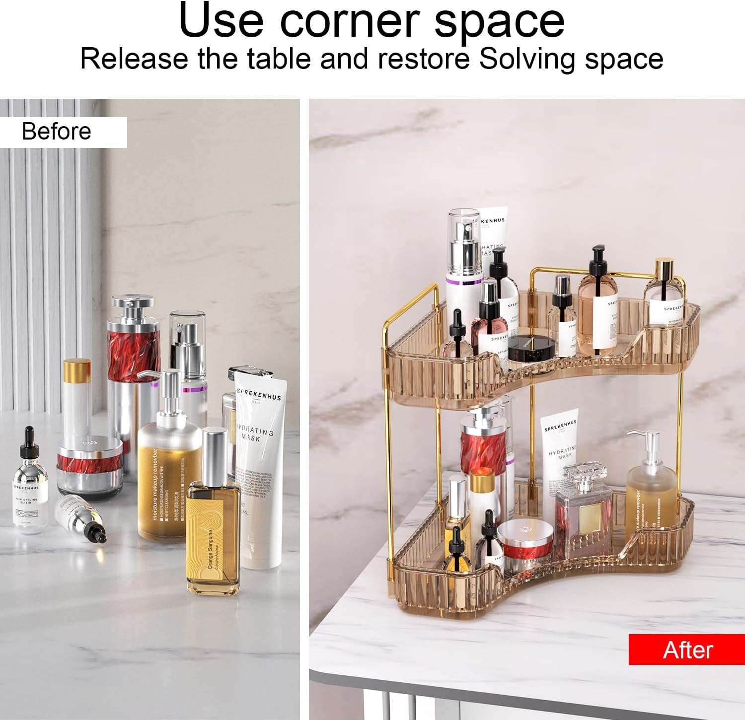 2-Tier Corner Bathroom Organizer with Perfume Tray – Space Saving Vanity Storage Rack for Makeup, Skincare & Countertop (Amber)