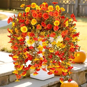 Fake Mums Artificial Fall Flowers for Outdoors, 2 PCS Fake Hanging Silk Flowers Outdoor Fake Plants UV Resistant, Realistic Faux Mums for Outdoor Planters Porch Yard Home Decor season use