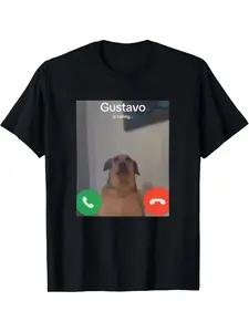 Men's "Gustavo Is Calling" Meme Graphic Round Neck T-Shirt - Humorous Internet Vibe, Viral Dog Meme Print, Soft Relaxed Fit, Perfect for Casual Hangouts, Meme Gift Giving, Viral Statement Tee for Internet Culture & Dog Lovers, Menswear