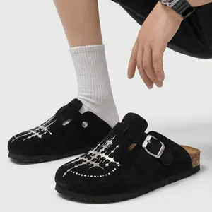 KVONE-Men's Suede Leather Clogs with Adjustable Strap,arch support flat buckle Mules, Minimalist Slip-On Mules, Round Toe Cork Footbed, Star pattern Cross for Streetwear & Daily Wear