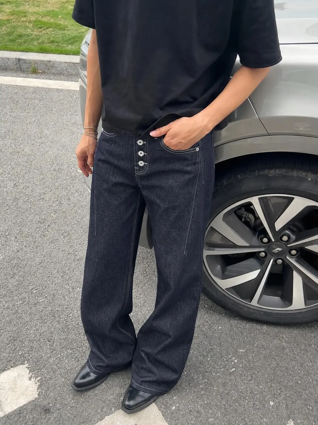 Men's High Cotton Raw Indigo Button Fly Wide Leg Jeans, Classic Dark Wash Non-Stretch Relaxed Straight Denim Pants, Vintage Loose Fit Y2K Streetwear Denim Trousers, Versatile Casual Baggy Jeans for Daily Commute Street Fashion Outfits