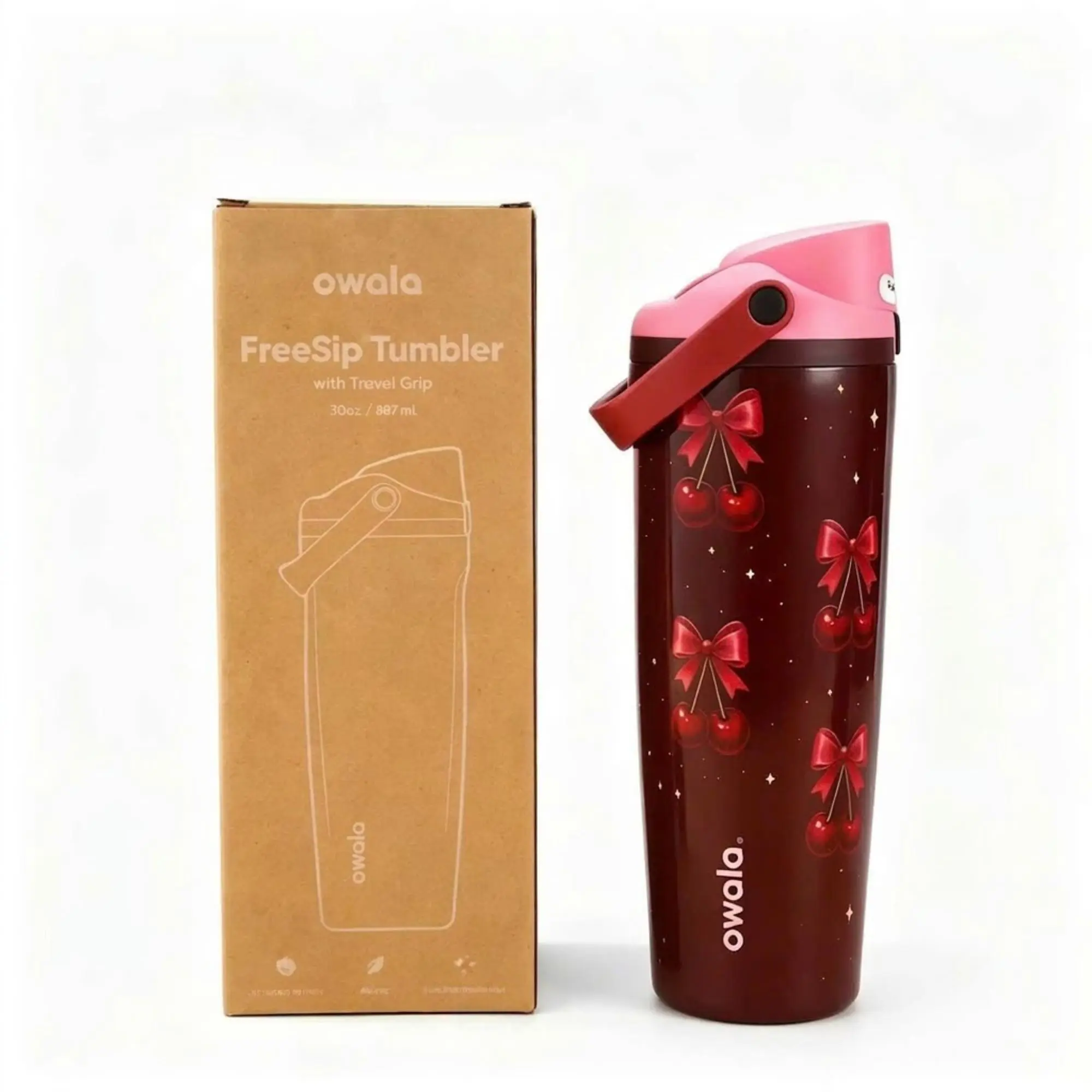 Owala 30oz Insulated Water Bottle | Leak Proof FreeSip Stainless Steel Tumbler Cherry Bow Design