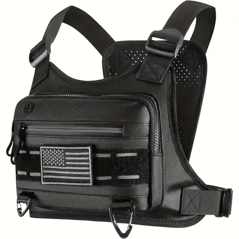Black Unisex Tactical Chest Vest - Gorpcore Accessory with American Flag Patch, Ample Space, Secure Fit, Tactical Equipment, Outdoor Sport Design, Versatile for Enhancing Trail Running Experience, Sohochic