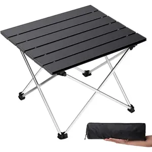 Portable Camping Table with Aluminum Table Top, Folding Beach Table Easy to Carry, Prefect for Outdoor, Picnic, BBQ, Cooking, Festival, Beach, Home Use (Black-S)