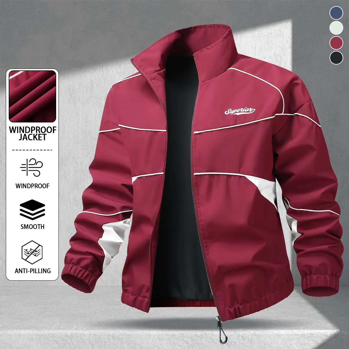 Men's American vintage jacket with reflective stripes and a stand collar | Burgundy and white color-block windproof sports jacket | Street-style functional design stand-collar jacket with contrasting colors