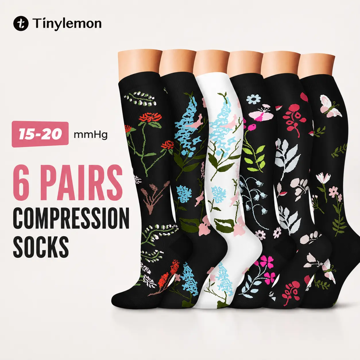 Tinylemon 6 Pairs Compression Socks for Women and Men, 15-20 mmHg Knee High Support Socks, Quick Dry Floral Athletic Socks for Running, Travel, Work, Standing All Day