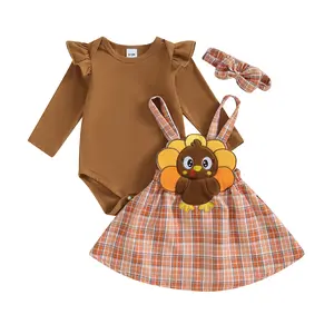 Baby Girls Skirt Outfits Thanksgiving Long Sleeve Romper and Suspender Plaid Skirt Set 2 Piece Autumn Clothes for Party