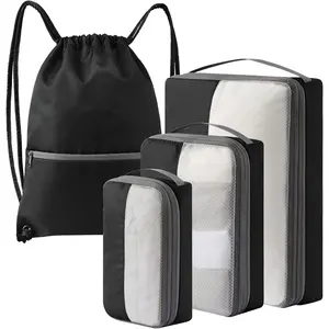 4 Set Compression Packing Cubes for Travel, Bonus Versatile Drawstring Backpack, Lightweight Luggage Organizer Bags, Sturdy Travel Accessories for Suitcase, Black