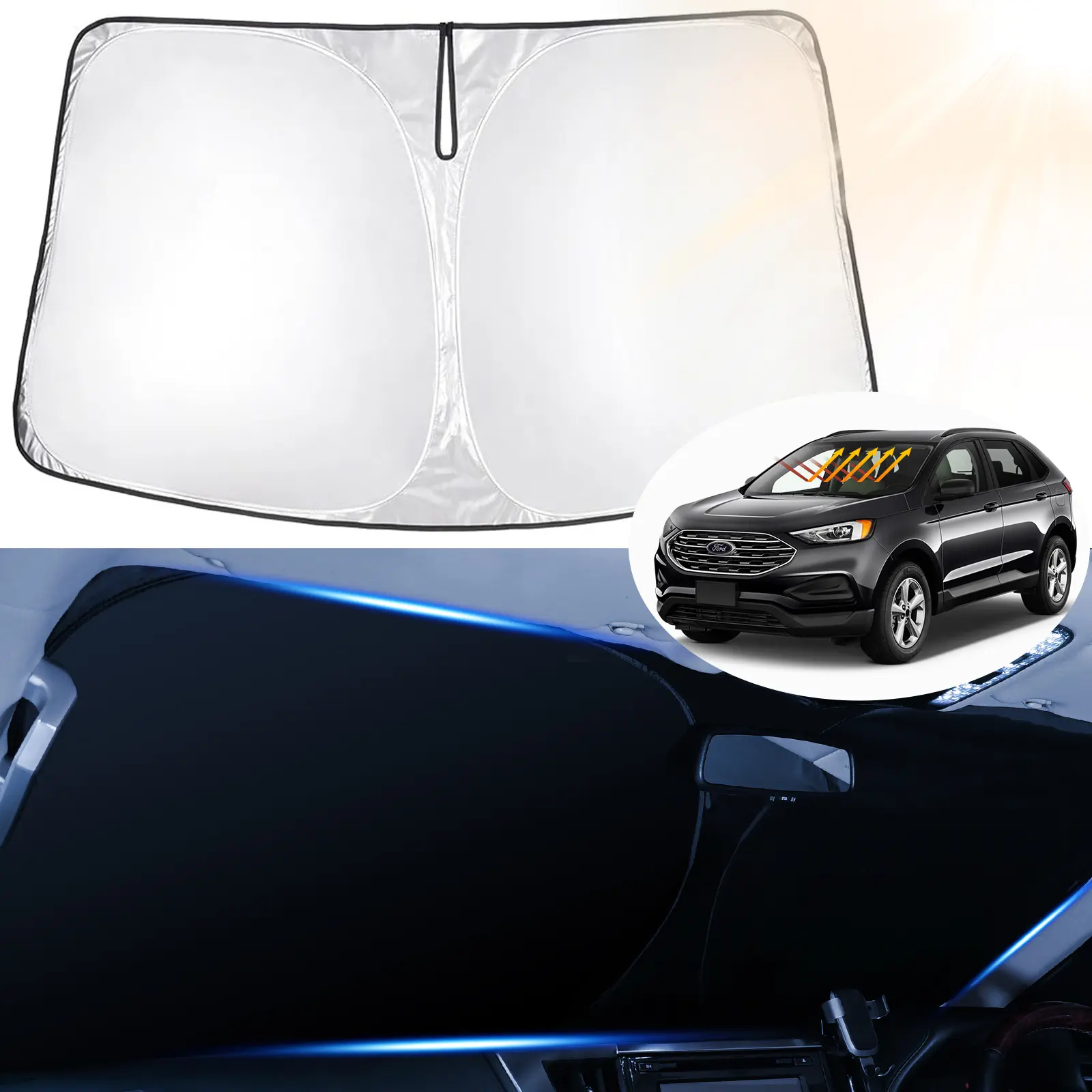 Canvcle Windshield Sun Shade for Ford Edge 2015-2024, Foldable Sun Visor Protector, UV-Blocking Front Window Cover, 99% UV Protective Sunshade, Silver & Black Waterproof Cooler-Keeping Accessory