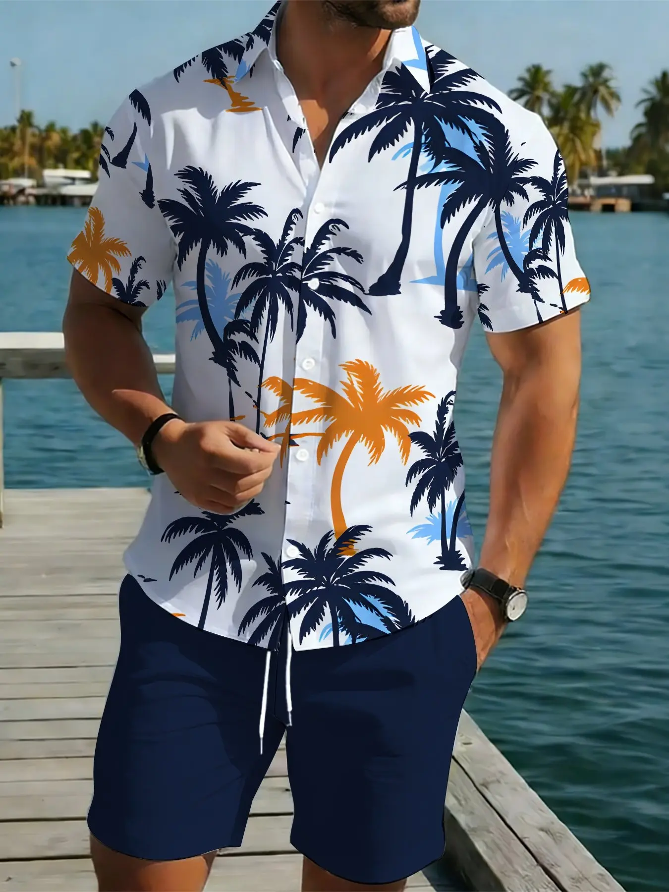 Men's Short Sleeve Shirt and Shorts Set, Summer Casual Graphic Fitted Style(Recommend ordering one size up), Streetwear Tropical Hawaiian Beach Vacation, Menswear, Outfit Sets, Order One Size Up