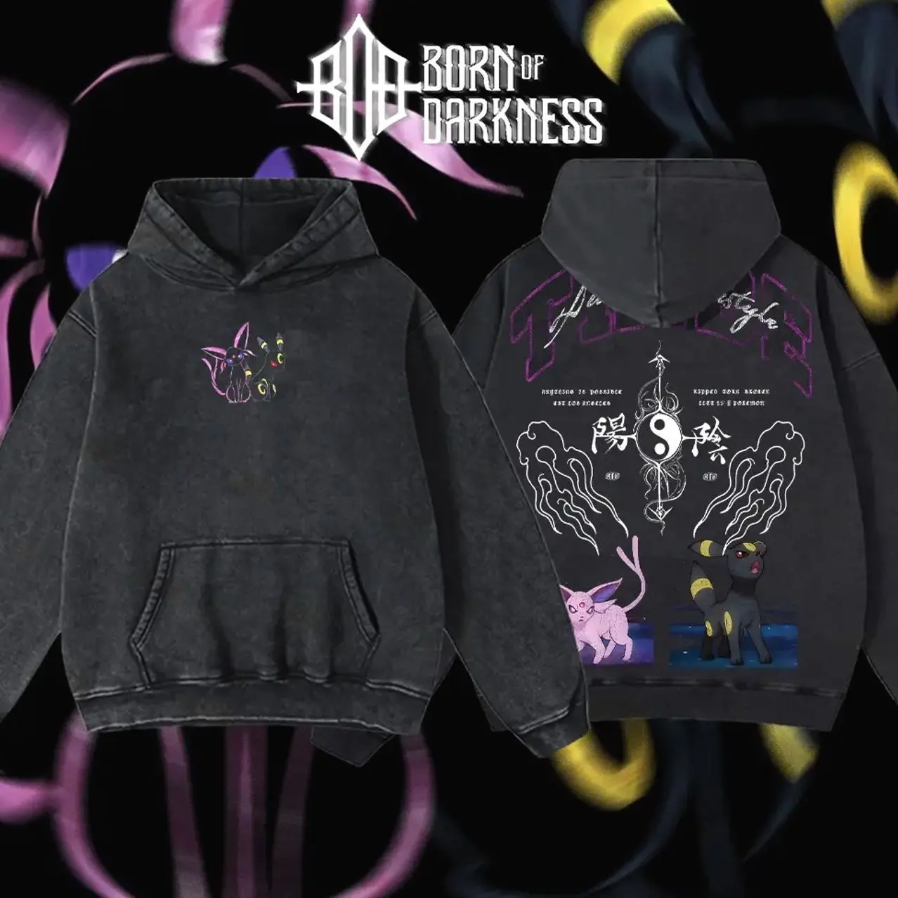 BornOfDarkness - UMBREON & ESPEON PKM Vintage Unisex Oversize Anime Manga Washed Cotton T-shirt, Graphic Tee, Anime Lover, Anime Merch Fan, Outfits Men, Boys Merch Top KIG
