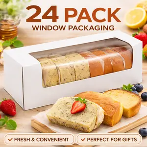 24 Pack Roll Cake Boxes – 12"x4"x3.5" White Bakery Boxes with Window, Auto-Popup Pastry Boxes for Loaf Pumpkin Roll, Bread, Dessert
