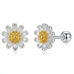 925 Silver Plated Daisy Screw Back Stud Earrings, Mini Floral Earrings with Gold Center, Secure Fit Earrings for Women