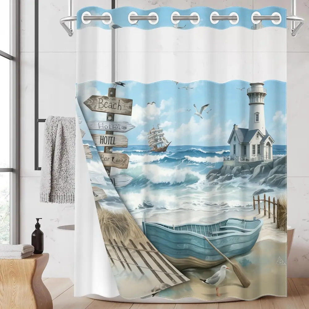 1PC/4PCS 2D Flat Printing Blue and White Boat Lighthouse Seaview Patterned shower curtain, home bathroom decor, shower curtain set with 12 hooks, non-slip bathroom rug, U-shaped toilet seat cover, toilet seat mat.