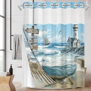 1PC/4PCS 2D Flat Printing Blue and White Boat Lighthouse Seaview Patterned shower curtain, home bathroom decor, shower curtain set with 12 hooks, non-slip bathroom rug, U-shaped toilet seat cover, toilet seat mat.