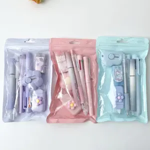 7 Pcs Pink Blue Purple Stationery Set (3 Pack) with Pen, Eraser, Multicolor Pen, Scraper & Correction Tape - Back to School Supplies