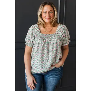 Sweet Emotions Puff Sleeve Floral Top- Off-White, Pink, & Green