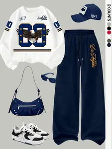Women's Casual Loose Fit Two-Piece Set, Graphic Digital Eagle Print Long Sleeve Hoodie and Wide Leg Pants, Fall Winter, Comfortable and Stylish, Fashion