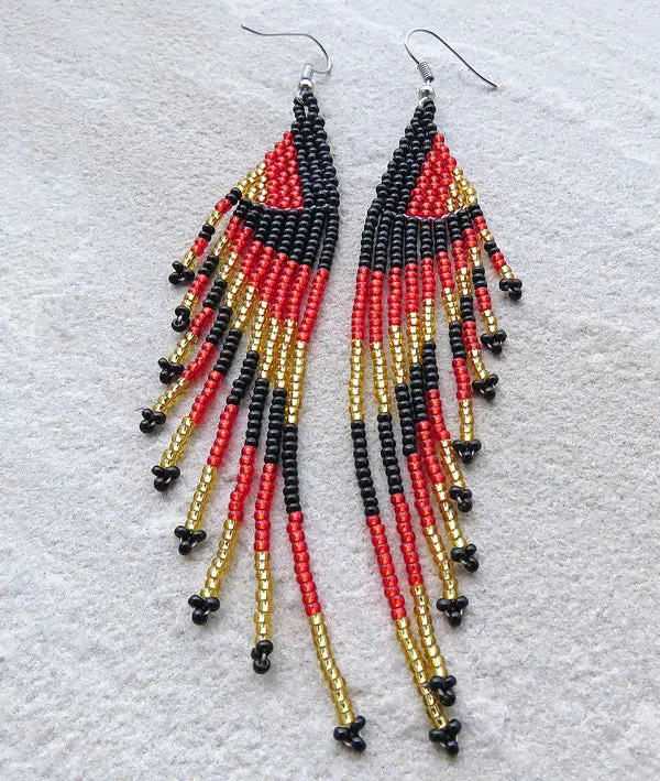 Dangling Earrings for Women, Long Beaded Tassel with African Motifs, Handmade Traditional South African Beadwork in Red, Gold, Black, Handmade Craft, Culture