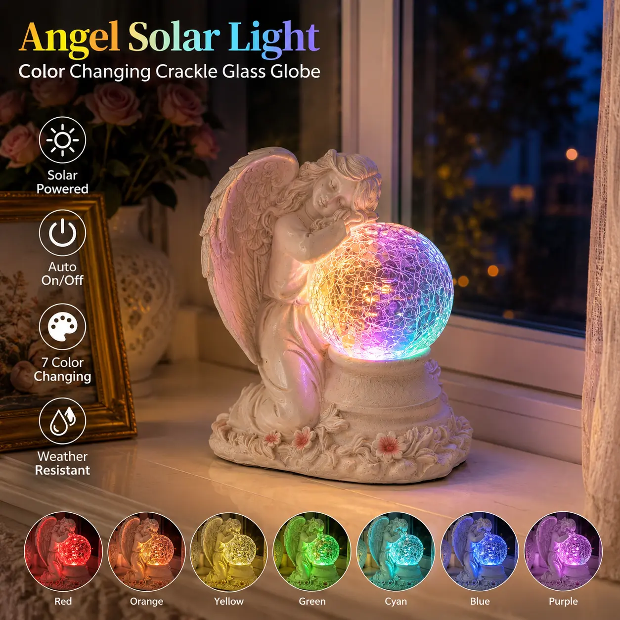 Outdoor solar angel garden statue, commemorative angel ornament with cracked glass ball resin courtyard decor suitable for terrace, lawn, yard, balcony; gift for mother and grandmother, women.
