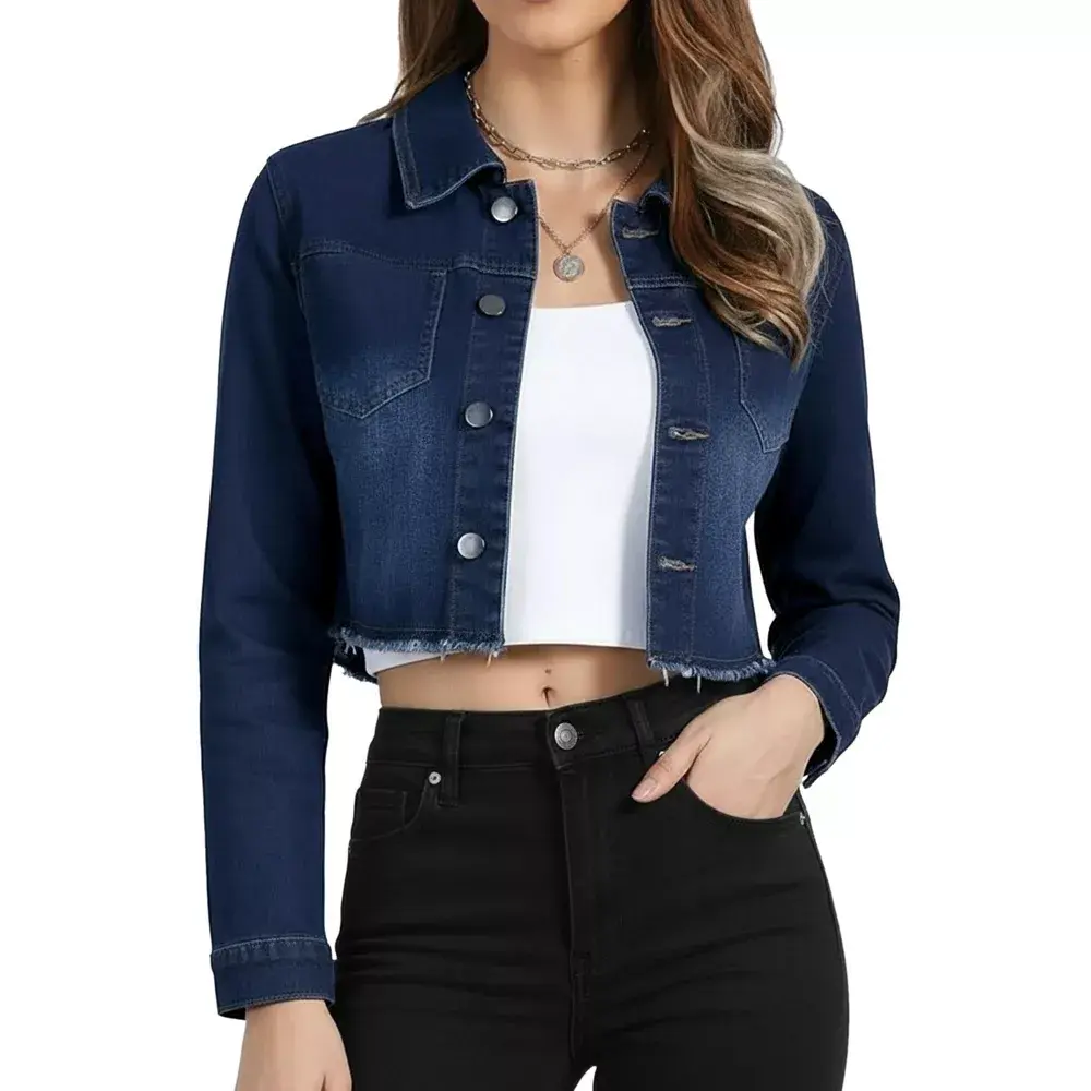Allegra K Women's Turn Down Frayed Button Down Washed Cropped Denim Jacket Nightfall