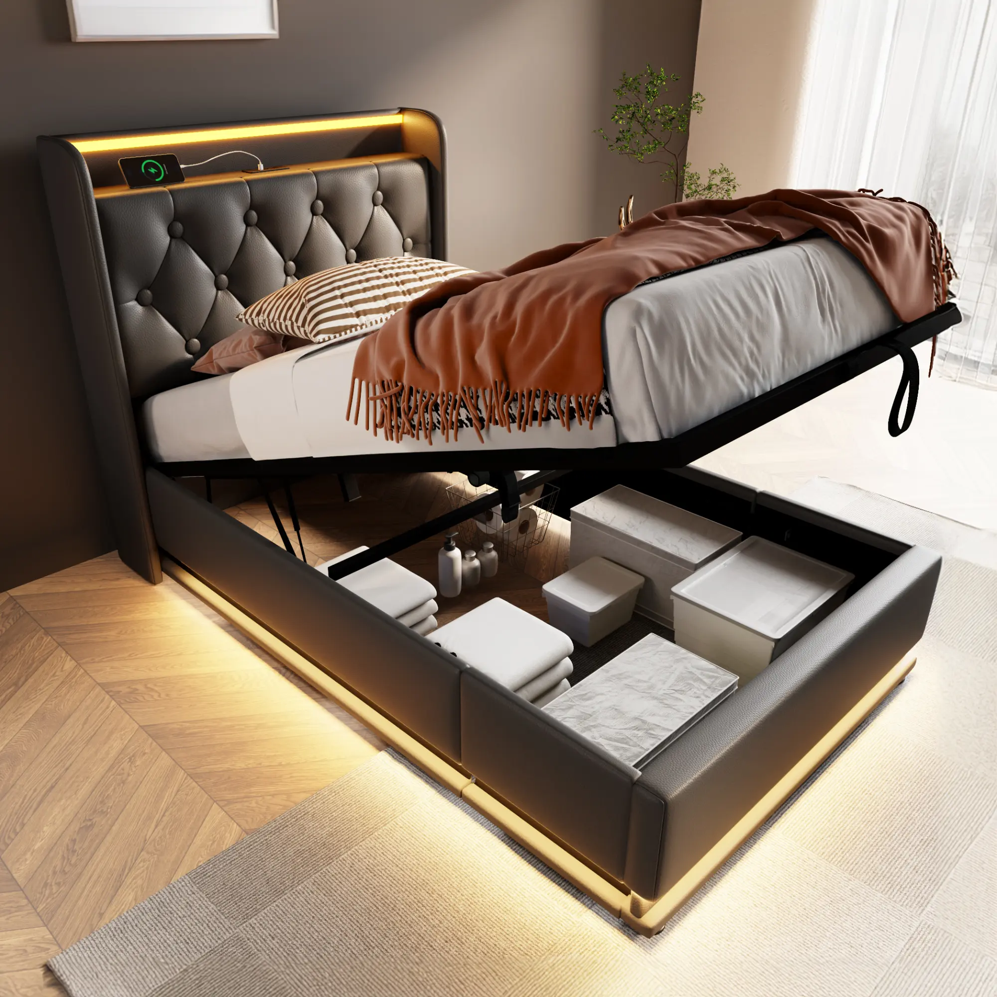 Modern Twin Size Upholstered Platform Bed Frame - 360 Surround LED Lights, Hydraulic Hidden Storage, USB Type-C Port, Sturdy Metal Structure, No Box Spring Needed, Black PU/Grey Linen, Assembly Required, Mattress Not Included (Bedroom Use)