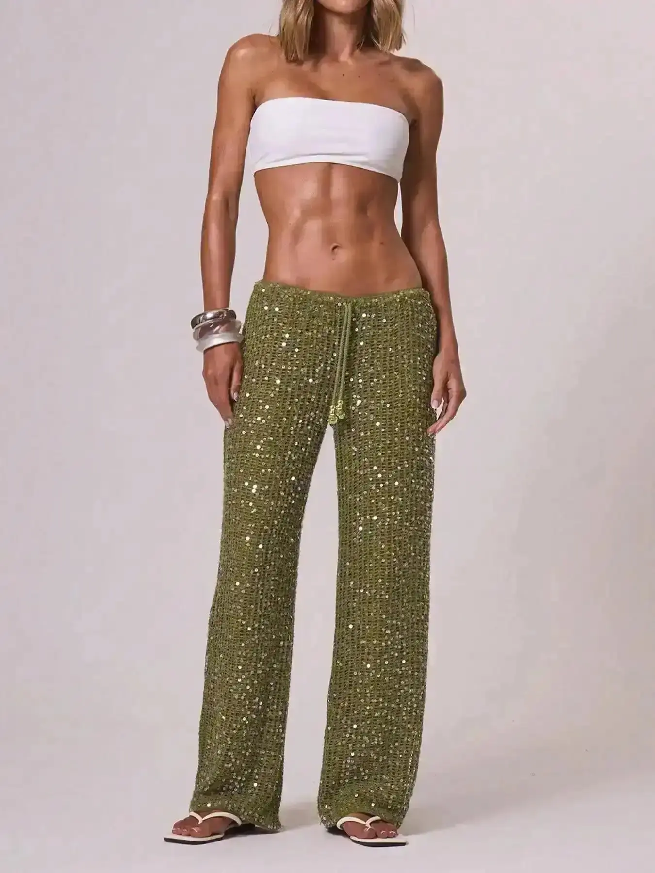 Chic Everyday Look Style Beach Pants Elegant Summer Sequined Fitted Long Trousers Fashionable Holiday Wear Casual Palazzo, Weekend Wear, Athleisure, Daily Grind, Hot Trend, Party Outfit, Commute, NightOut, BottomsWomen