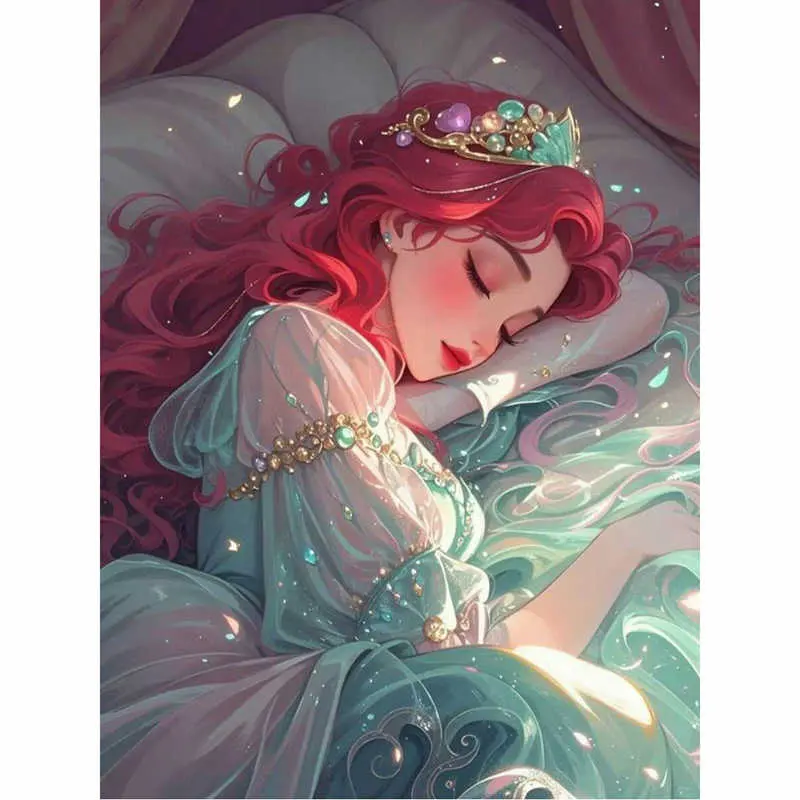 5D Full Drill Diamond Painting Kit - Sleeping Ariel The Little Mermaid with Jeweled Crown, Round Acrylic Diamonds, Princess Themed DIY Art for Girls' Room Decor