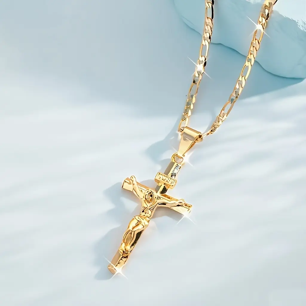 Jesus cross necklace, crucifix pendant, 14k gold plated, figaro chain,  hypoallergenic material low sensitivity, adjustable chain, religious faith jewelry, men women unisex necklace, non tarnish waterproof, hip hop vintage jewelry, Christian gift