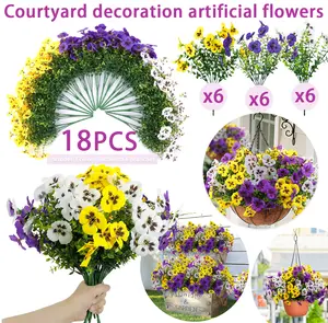 18 Bundles 12.56 Inch Artificial Tricolor Violet Flowers UV Resistant Fake Pansy for Outdoor Flower Pots Front Door Porch Courtyard Terrace Windowsill Home Decor