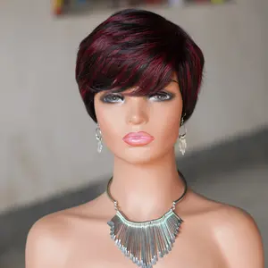 Glueless Short Pixie Cut Wig With Bangs, 180% Density Brazilian Virgin Human Hair, P1B/99J 6 Inch Layered Machine Made, Natural Look Wig With Caps For Daily Party & Salon Use