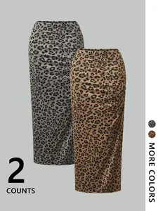 Women's Leopard Print Side Split Midi Fitted Skirt, Casual Fashion Skirt for Daily Wear, Ladies Bottoms for Spring & Summer, Trendy Flirty Skirt, Leopard Printed Skirt