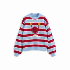 Cider Knit Lobster Pattern Striped Round Neckline Oversized Sweater