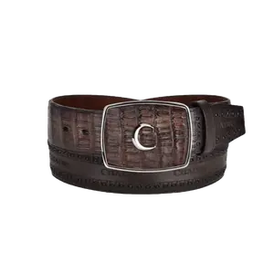 Cuadra Men's Engraves Brown Caiman Leather Western Belt BC279
