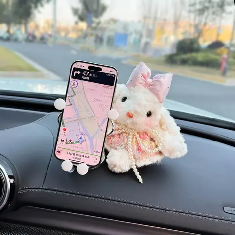 Cute Bunny Plush Car Phone Holder, Funny Universal Dashboard Suction Phone Mount, Car Navigation Bracket, Stylish Center Console Decor, Practical Car Interior Accessories Gift for Women