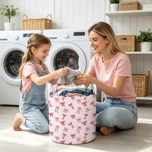 Pink Collapsible Laundry Hamper, Cute Storage Basket with Handles, Waterproof Design for Girls Kids Bedroom Nursery Dorm, Clothes Toy Organizer 13.8×15.8 Inch