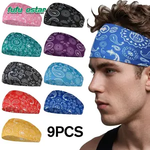9PCS Paisley Bandana Headbands for Men Women, Boho Sports Sweatband for Yoga Running Bandana Print Headbands Set, Elastic Hair Wraps for Running, Makeup & Bad Hair Days