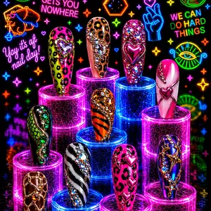 Neon Animal Print Coffin Press-On Nails Medium Length 1 Inch | Rhinestone Heart Luxury Handmade Limited Drop Set with Acrylic Display Cases