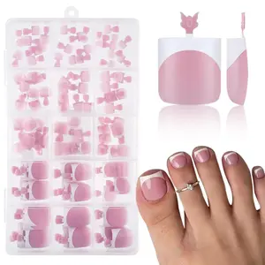 Toe Nail Press Ons, French Tips Toe Press On Nails, 150pcs Square Pre-Designed Soft Gel Thick False Toenail Extension, Berry Pink Full Cover Acrylic for DIY 15 Sizes