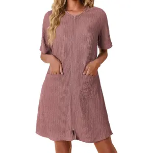 Women Zipper Robes Knit Short Bathrobe Lightweight House Coat with Pockets Soft Nightgown S-XXLGift
