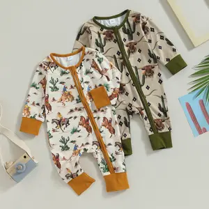 Western Baby Girl Boy Clothes Long Sleeve Cow/Horse Print Romper Zipper Bodysuit Jumpsuit  Fall Winter Outfit