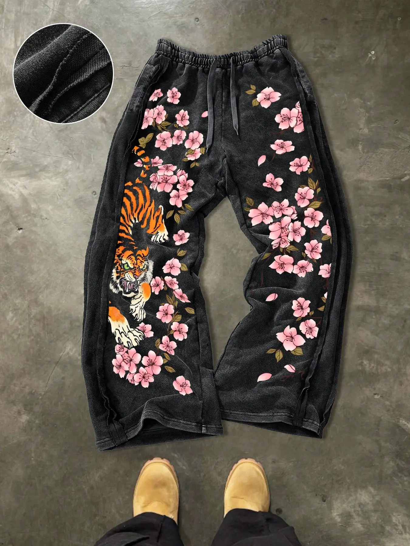 Men's Casual Loose Cotton Sports Pants, Tiger Floral Print, Street Style, Drawstring Waist, Long/regular Length, Ideal for Outdoor & Holidays, Casual Comfy Trouser