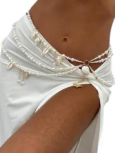 Women's Summer Beach Shell Conch Pendant Waist Chain Belt, Festival Rave Pearl Waist Body Chain, Multi-Layered Pearl Belly Chain Jewelry, Fashion Body Jewelry